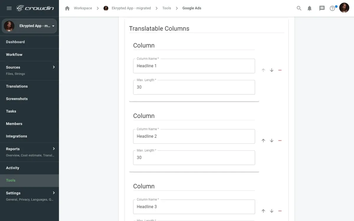 Google Ads translation in Crowdin